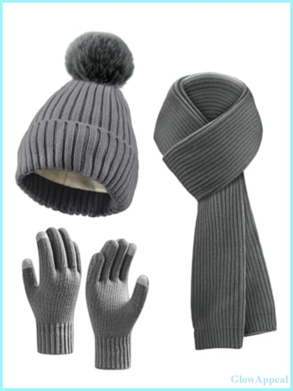 Winter Beanie Hat Scarf Gloves Set, Fleece Lined Knit Pompom Touchscreen